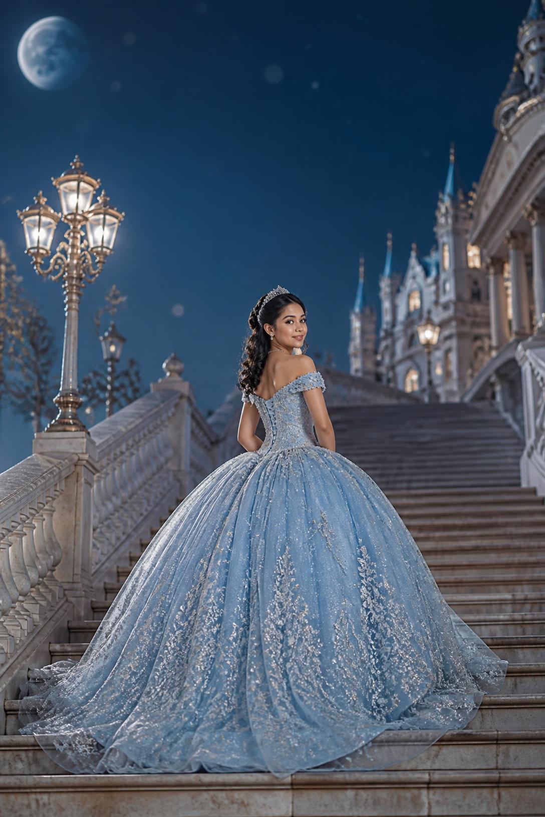 Valentina Sofía con vestido azul en las escaleras del palacio